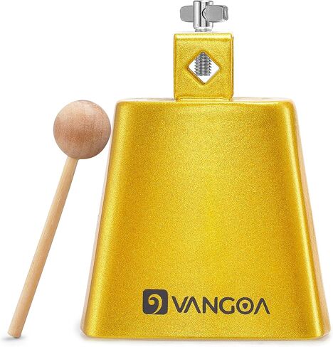 Vangoa 4 Inch Steel Cowbell with Stick, Noise Makers Hand Bell Cheering Bell for Sports Events Solid School Bells Percussion Cowbells for Drum Set, Gold in Kuwait