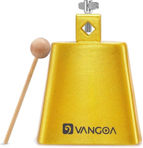 Vangoa 4 Inch Steel Cowbell with Stick, Noise Makers Hand Bell Cheering Bell for Sports Events Solid School Bells Percussion Cowbells for Drum Set, Gold in Kuwait