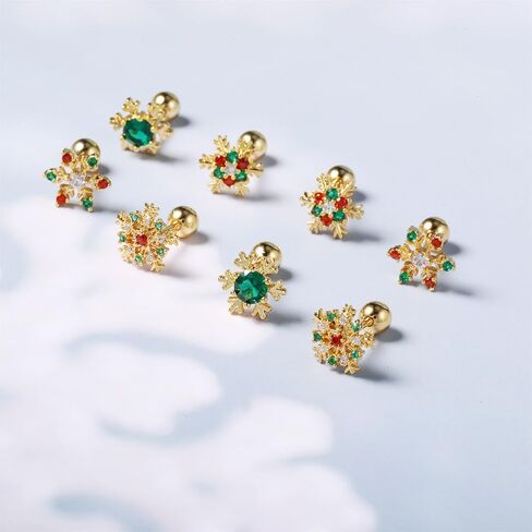 Christmas Snowflake Small Stud Earrings 18K Gold for Women Tiny 20G Cartilage Screw Back Tragus Helix Barbell Piercing Body Dainty Cute Fashion Cubic Zirconia Jewelry Gifts Daughther BFF Birthday Xmas in Saudi Arabia