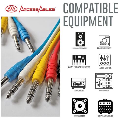 AxcessAbles 1/4 (6.35 مم) TRS إلى 1/4 (6.35 مم) TRS كابلات تصحيح ستيريو متوازنة متعددة الألوان 6 عبوات من معدات خارجية وكابلات استوديو Patchbay تأثيرات خارجية تأثيرات تناظرية رقمية (1.5 قدم) in Kuwait