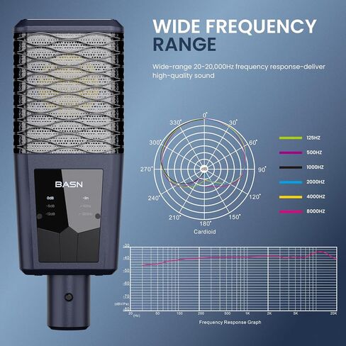 ميكروفون BASN BMS2 كبير الحجم ذو غشاء قلبي بيك أب ستوديو مكثف XLR مناسب للتسجيل والبث والغناء والبث (أزرق) in Kuwait