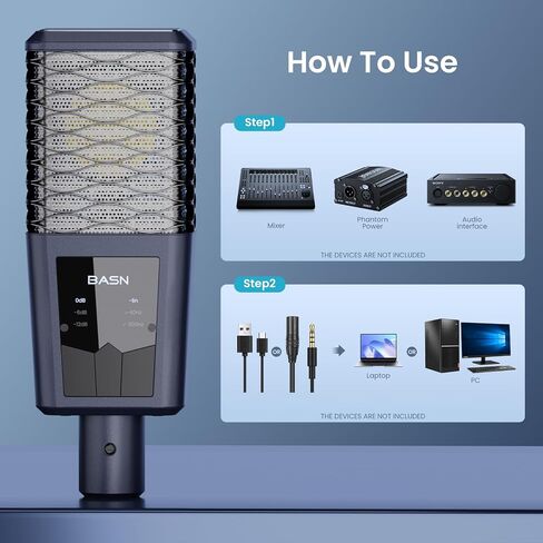 ميكروفون BASN BMS2 كبير الحجم ذو غشاء قلبي بيك أب ستوديو مكثف XLR مناسب للتسجيل والبث والغناء والبث (أزرق) in Kuwait