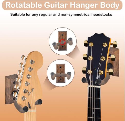 DOMMI Guitar Wall Mount 4 Pack, Guitar Holder with Rotatable Soft Guitar Hook for All Size Guitars, Hardwood U-Shaped Guitar Hanger Wall Mount for Acoustic, Electric Guitar, Bass, Black Walnut in Kuwait