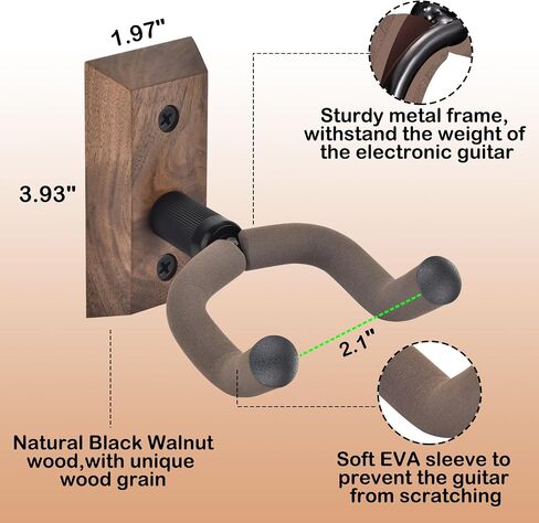 DOMMI Guitar Wall Mount 4 Pack, Guitar Holder with Rotatable Soft Guitar Hook for All Size Guitars, Hardwood U-Shaped Guitar Hanger Wall Mount for Acoustic, Electric Guitar, Bass, Black Walnut in Kuwait