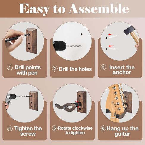 DOMMI Guitar Wall Mount 4 Pack, Guitar Holder with Rotatable Soft Guitar Hook for All Size Guitars, Hardwood U-Shaped Guitar Hanger Wall Mount for Acoustic, Electric Guitar, Bass, Black Walnut in Kuwait