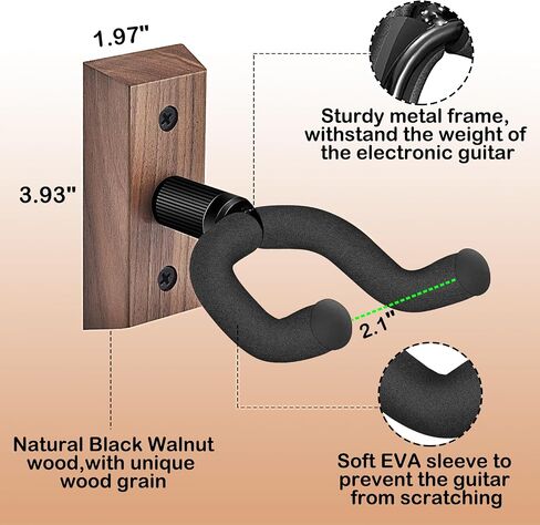 DOMMI Guitar Wall Mount 4 Pack, Guitar Holder with Rotatable Soft Guitar Hook for All Size Guitars, Hardwood U-Shaped Guitar Hanger Wall Mount for Acoustic, Electric Guitar, Bass, Black Walnut in Kuwait