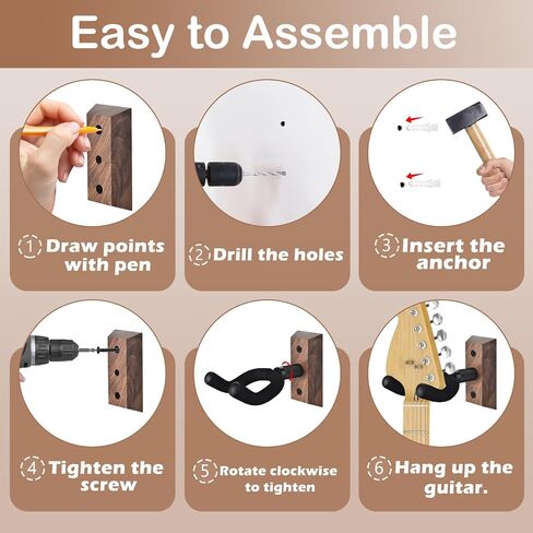 DOMMI Guitar Wall Mount 4 Pack, Guitar Holder with Rotatable Soft Guitar Hook for All Size Guitars, Hardwood U-Shaped Guitar Hanger Wall Mount for Acoustic, Electric Guitar, Bass, Black Walnut in Kuwait