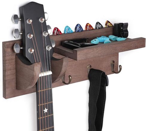 Bikoney Wall Mount Guitar Hanger Shelf with Pick Holder and 3 Hooks - Carbonized Black Guitar Holder for Acoustic, Electric, Bass, Ukulele [U.S. Patent] in Saudi Arabia