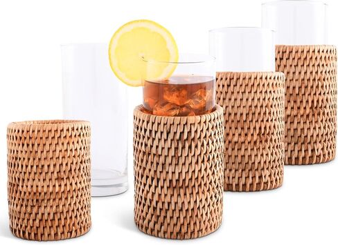 Vagabond House Stylish Set Of 4 Rattan Wicker Tall Drinking Glasses With Pewter Black Orchid, Ideal For Botanic Garden And Native Species Enthusiasts, Acts As Coaster at Poolside Florida - Removable in Saudi Arabia