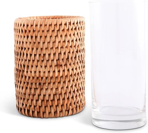 Vagabond House Stylish Set Of 4 Rattan Wicker Tall Drinking Glasses With Pewter Black Orchid, Ideal For Botanic Garden And Native Species Enthusiasts, Acts As Coaster at Poolside Florida - Removable in Saudi Arabia