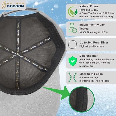 Golden Kocoon®- E.M.F Cap Hat- Bamboo Faraday Fabric Liner- 5.g, Cell Towers, Bluetooth, Smart Meters & WiFi in Saudi Arabia