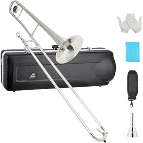 EASTROCK Bb Tenor Slide Trombone, B Flat Brass Plated Trombone Instrument for Beginners Students with Hard Case, with Mouthpiece, White Gloves (12.5mm/200 mm), Nickel