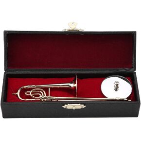 Miniature Trombone Replica, Mini Trombone Musical Instrument Decorative, ld Plated Musical Instrument Ornaments for Music Lovers and Decorations (with Stand and Case)