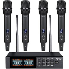 Rechargeable Wireless Microphone System Pro, 4 x 50 Channel UHF Handheld Cordless Mics with VOL Echo Treble BASS Control, LCD Display, Frequency Lock, XLR, 1/4, 1/8 Output, D-300, Black