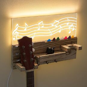 Light up Guitar Stand Wall Mount Wood Guitar Hanger Shelf with Pick Holder and 3 Hooks for Acoustic Electric Bass Ukulele Violin Guitar Gifts for Musicians Music Lovers Guitarist