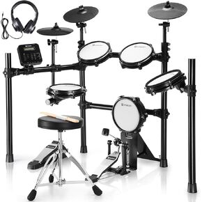 Vangoa Electronic Drum Set, Electric Drum Kit 8-Pieces with Quiet Mesh Drum Pads, Cymbals, Heavy Duty Pedals, 480 Sounds, Headphone, Full Size Electronic Drum Kit with throne for Adults, Black