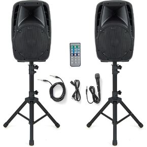Costzon 1600W 2-Way Powered Portable PA Speaker System, Professional DJ Speakers with Active + Passive Loud Set, 2 Speaker Stands, Microphone, Bluetooth, USB/SD Card Input, FM Radio,Remote Control