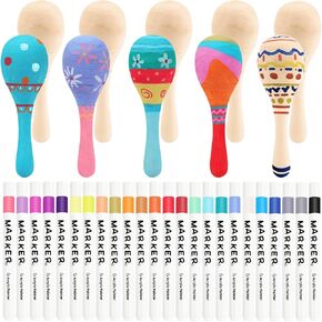 30 PCS Unfinished Wooden Maracas DIY Mini Wooden Maracas Mini Maracas for Mexican Fiesta Party Favors with 24PCS Multi-color Pens DIY Painting Maracas Bulk Cinco De Mayo Party Supplies