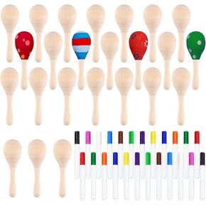 CHRORINE 24/36Pcs Wooden Maracas for Kids, DIY Set with 24Pcs Color Pens, Maracas Musical Instruments for Cinco De Mayo Mexican Fiesta Birthday Party Favors Supplies (36)