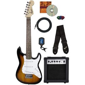 Fender Squier 3/4 Size Kids Mini Strat Electric Guitar - Brown Sunburst Bundle with Amplifier, Cable, Tuner, Strap, Picks, Online Lessons, and Austin Bazaar Instructional DVD