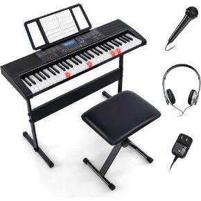 Costzon 61 Key Keyboard Piano, Electric Piano Keyboard for Beginners with Lighted Keys, 600 Timbres, 400 Rhythms, 50 Demos, 3 Teaching Modes, Headphones, Microphone, Built-in Speakers, Stand & Bench