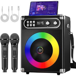 Karaoke Machine, Portable Bluetooth Speaker with 2 Wireless Microphones for Adults Kids with LED Lights, PA System Speaker Supports Echo/USB/TF/AUX Stereo Sound Enhanced Bass for Home Party Birthday