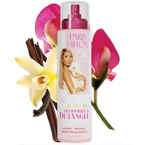 Paris Hilton Pet Dog Deodorizing Spray & Detangler, 295ml | Natural Pet Odor Eliminator with Sweet Pea & Vanilla Scent for Fresh Grooming