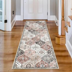 Runner Rug Washable Moroccan Trellis Hallway Runner, Non-Slip Stain Resistant Area Rug Vintage Distressed Floral Floor Cover Carpet for Kitchen Doorway Bedside, 2' x 6', Blue/Grey