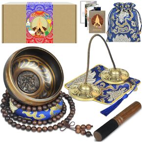 Artcome 7PCS Tibetan Meditation Set - Tibetan Singing Bowl & Tibetan Tingsha Cymbals Bells Handmade in Nepal for Meditation, Yoga, Tranquility, Relaxation, Chakra Healing, Stress Relief & Mindfulness