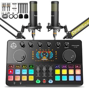 Podcast Equipment Bundle for 2, Audio Mixer with XLR Dynamic Microphone, Voice Change,RGB, Bluetooth for Vocal Recording Podcasting,Streaming Singing TikTok, PC, Smartphone COMMANDER M100 3rd
