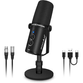 XLR/USB Dynamic Microphone,PC Computer Microphone for Podcasting,Vocal Recording,Live Streaming,Gaming,Voice-Over,All Metal Professional Studio Mic Kit with Noise Cancelling,USB-C Port