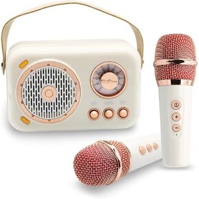 Mini Karaoke Machine for Adults Mini Karaoke Machine with 2 Wireless Microphones, Kids Karaoke Machine for Girls Bluetooth Speaker with Microphone (White)