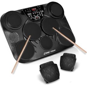 Pyle Electronic Tabletop Digital Drum Set, Compact Portable Drum Pad Kit w/ 7 Touch Sensitive Drum Pads and Pedals, 273 Sounds, USB & Headphone Outputs, MIDI/AUX Inputs, 4x5" Drums & 3x3.5" Cymbals