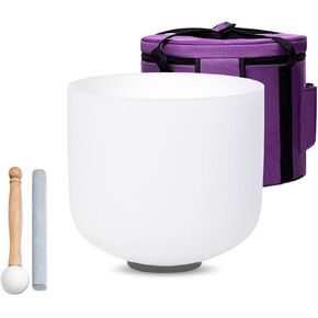White 8 inch F Note Heart Chakra Quartz Crystal Singing Bowl, for Healing Mindfulness Meditation Yoga Sound Baths, with Case Rubber Mallet