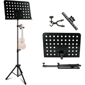 EASTROCK Metal Sheet Music Stand with Violin Ukulele Hanger Holder – Adjustable Music Stand, Professional Music Book Holder, and Sheet Music Clip
