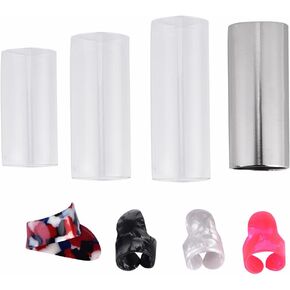 Lap Steel Slide,Guitar Slides Set Included 3 Glass Slides + Stainless Steel Slides + 4 Plastic Protective Finger Picks + Plastic Box Glass Slide Small
