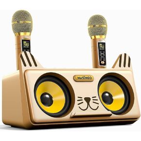 MASINGO Shark Karaoke Machine for Kids, Children and Toddlers with 2 Wireless Bluetooth Microphones, Portable PA Speaker Includes Lyrics Display Phone Holder, TV Cable and Singer Vocal Removal Mode