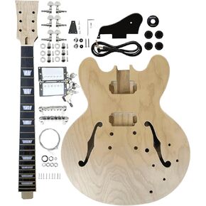 Electric Guitar Kits 3-ply Wood Maple Cap Hollow Guitar Body Blank,Maple Neck & Rosewood Fretboard Unfinished With Electric Hardwares All Parts Included