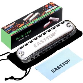 EAST TOP Junior Harmonica,Smoothly Rounded Edge 10 Holes C Key Blues Mouth Organ Harmonica for beginners as Gift,with Fabric Cloth Pouch,Colourful Box, Red