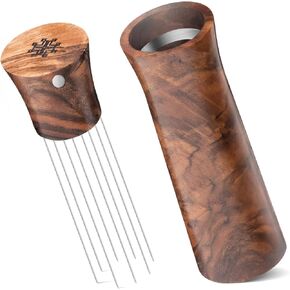 Creatomer Espresso Distribution WDT Tool – Walnut Wood Coffee Stirrer for Kitchen with Holder – Professional Barista accessories with 8 Needles 0.4mm, Extra 0.3mm Needle – Gift for Coffee Lovers