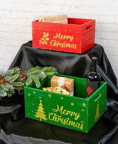 Red Co. Set of 2 Decorative Nesting Wooden Merry Christmas Storage Crate Organizers, Red and White in Kuwait