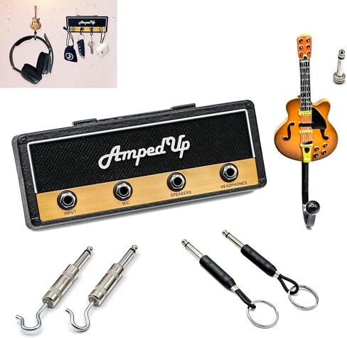 Wall Mounted Guitar Amplifier/Amp Style Coat Hanger Rack and Key Chain Holder - Speaker Style with Acoustic Guitar Coat Hook and 4 Amp Plug-ins Gift for Musicians in Kuwait