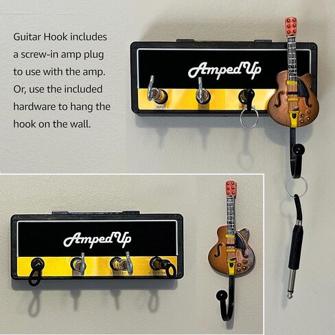 Wall Mounted Guitar Amplifier/Amp Style Coat Hanger Rack and Key Chain Holder - Speaker Style with Acoustic Guitar Coat Hook and 4 Amp Plug-ins Gift for Musicians in Kuwait