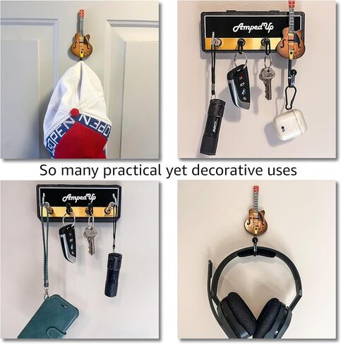 Wall Mounted Guitar Amplifier/Amp Style Coat Hanger Rack and Key Chain Holder - Speaker Style with Acoustic Guitar Coat Hook and 4 Amp Plug-ins Gift for Musicians in Kuwait