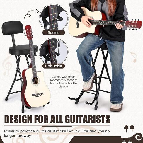 Guitar Stool with Thick Padded Cushion, Guitar Chair, Ergonomic Backrest, Heavy Duty 300 Pound Capacity Portable Chairs with Foot Rest, Folding Stand, Accommodates Acoustic Electric Guitars in Saudi Arabia