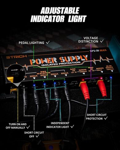 STRICH SPS-30 MAX مزود طاقة عالي لدواسة الجيتار، مزود طاقة للوحة الدواسات مع 8 مخارج تيار مستمر معزولة تمامًا 9 فولت/12 فولت/18 فولت (500 مللي أمبير/1000 مللي أمبير)، مزود طاقة لدواسة التأثير المتعطشة للطاقة، بدون ضوضاء in Kuwait