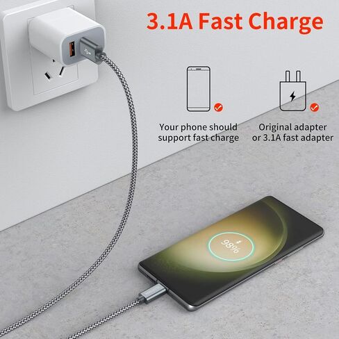 USB Type C Cable,(2-Pack 3FT) USB C Charger Cable Car Carplay Cable Nylon Braided Fast Charging Sync Cord Compatible iPhone 17 Air/16 Pro Max Samsung Galaxy S10 Plus,Google Pixel 2(Gray) in Kuwait