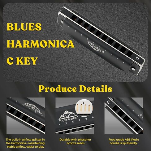 EastRock Blues Harmonica Mouth Organ 10 Hole G Key with Case, Diatonic Harmonica for Professional Player, Beginner, Students gifts, Adult, Friends, Gift Black in Saudi Arabia