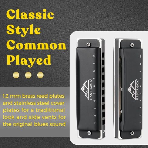 EastRock Blues Harmonica Mouth Organ 10 Hole G Key with Case, Diatonic Harmonica for Professional Player, Beginner, Students gifts, Adult, Friends, Gift Black in Saudi Arabia