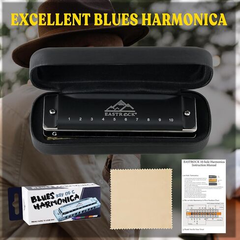 EastRock Blues Harmonica Mouth Organ 10 Hole G Key with Case, Diatonic Harmonica for Professional Player, Beginner, Students gifts, Adult, Friends, Gift Black in Saudi Arabia